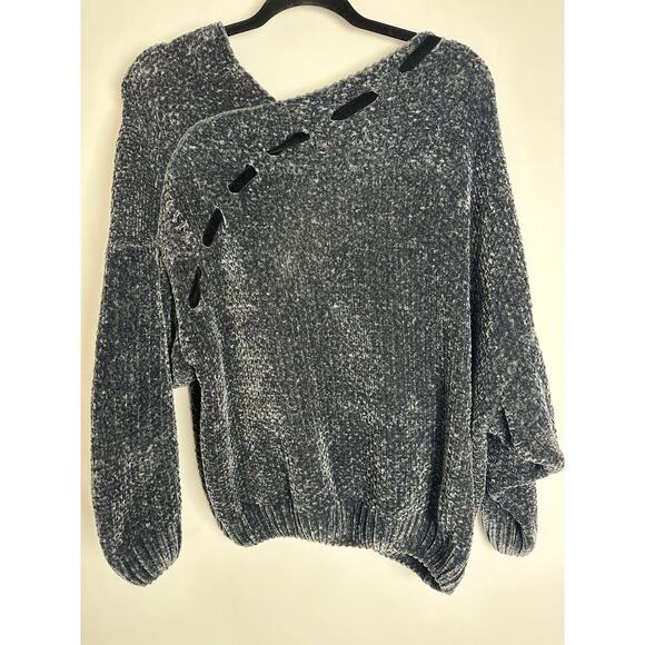 POL Women's Small Asymmetrical Large Chunky Knit Sweater Velvet Blue Gray - Picture 2 of 12
